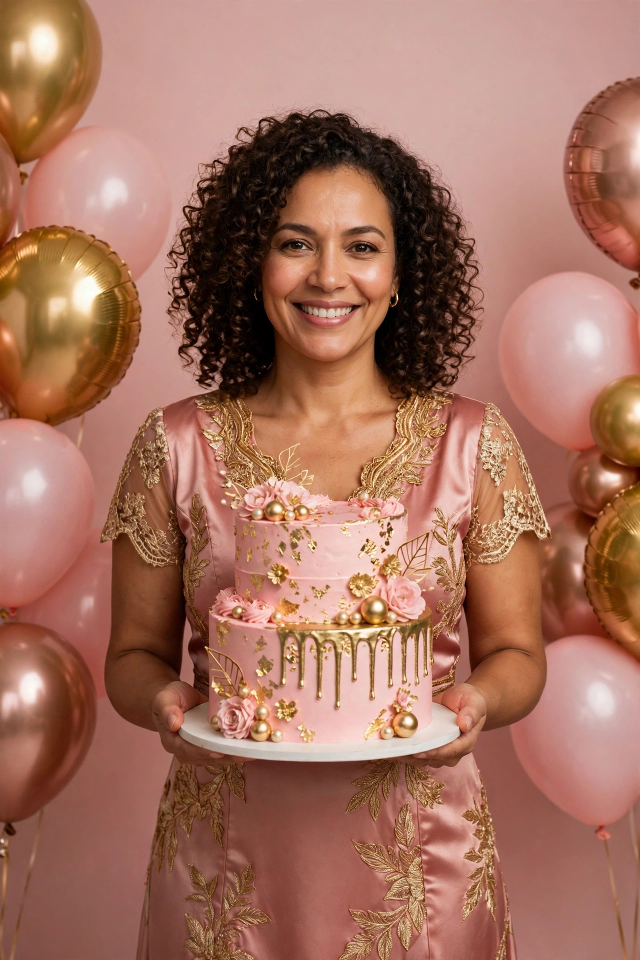 Mulher sorrindo em ensaio fotográfico de aniversário com bolo rosa e dourado e balões