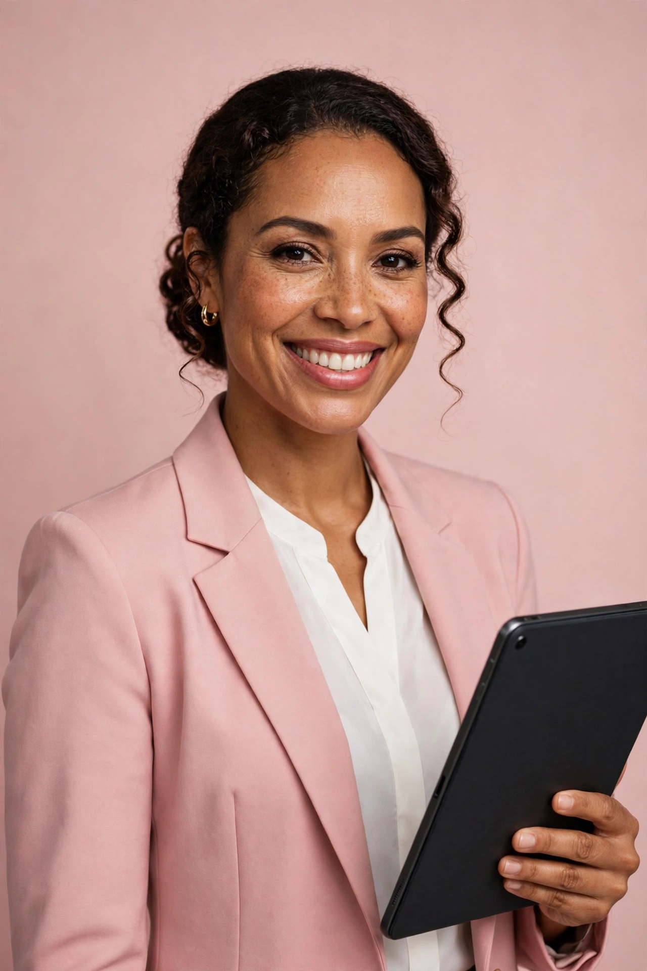Ensaio corporativo com blazer rosa em estúdio