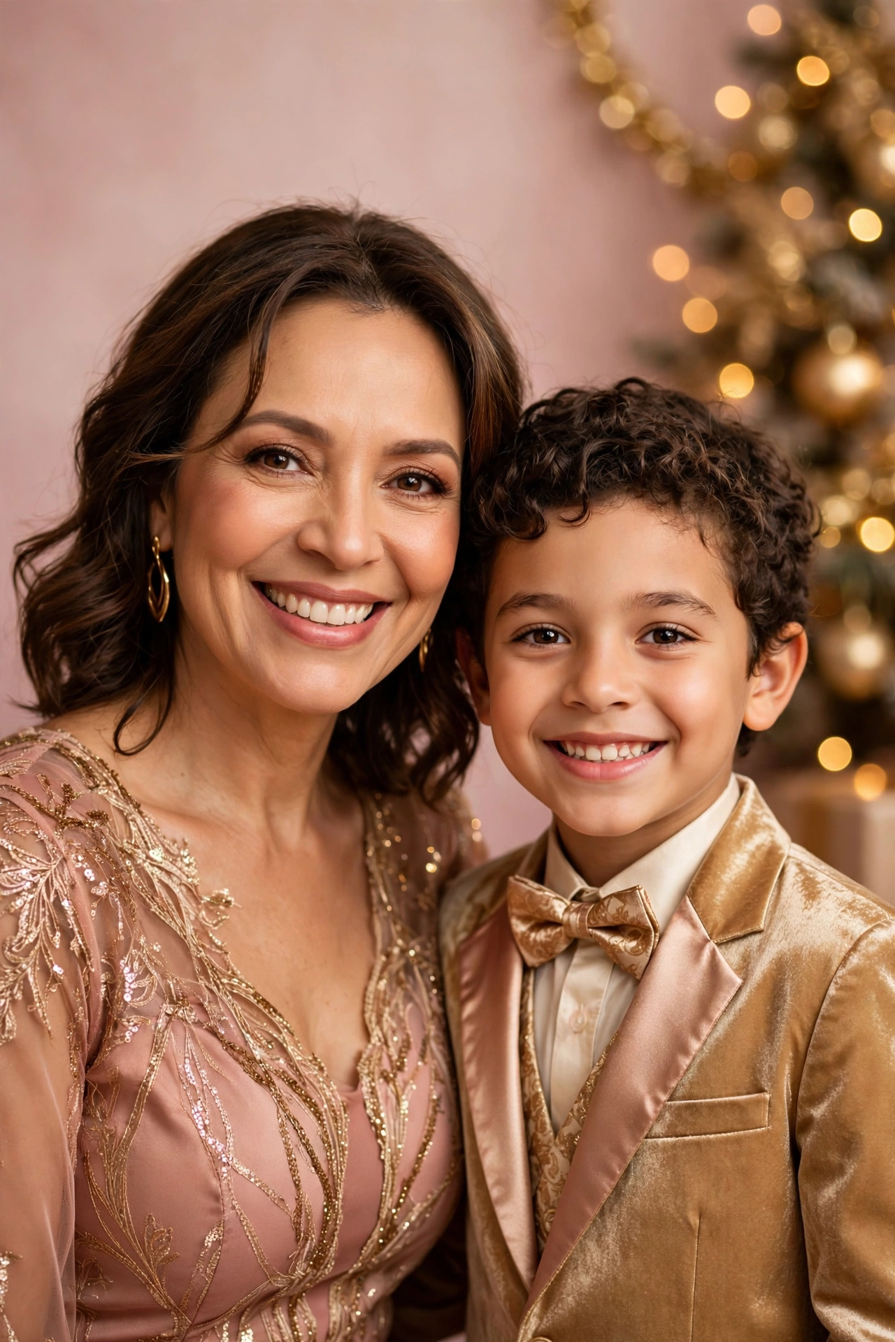 Ensaio de Natal em família com árvore dourada